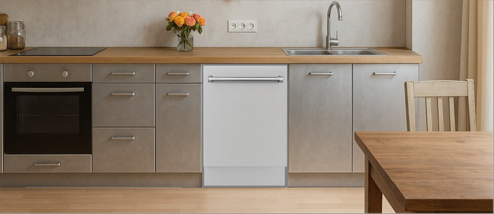 A stylish, modern kitchen showcasing streamlined cabinetry, an integrated sink, and smart appliance placement. The ZLINE DWMT-304-24 built-in dishwasher is neatly housed within the cabinets, blending effortlessly into the functional and elegant kitchen layout.