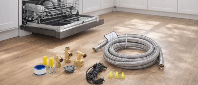 Best dishwasher installation kits shown ready for setup beside a built-in dishwasher in a bright kitchen setting