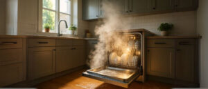 Steam rises from an open dishwasher in a modern kitchen during the daytime, illustrating do dishwashers use hot water.