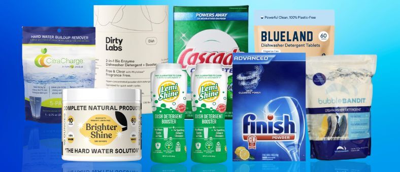 8 Best Dishwasher Detergent for Hard Water – a lineup of top-rated products including NuvoH2O CitraCharge, Dirty Labs, Cascade Complete, Blueland, Brighter Shine, Lemi Shine, Finish Powder, and Bubble Bandit, displayed against a blue background.