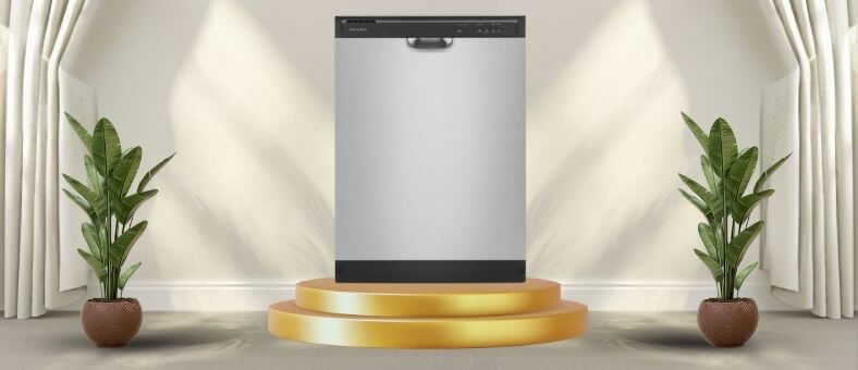 A featured image of the topic Amana ADB1400AMS Dishwasher Review. A Amana ADB1400AMS dishwasher is showcased on a pedestal with a glowing halo at the base, flanked by ornamental plants and other things, set against a backdrop of elegant white curtains.
