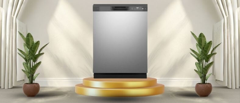A featured image of the topic GE GDF535PSRSS Dishwasher Review. A GE ‎GDF535PSRSS dishwasher is showcased on a pedestal with a glowing halo at the base, flanked by ornamental plants and other things, set against a backdrop of elegant white curtains.