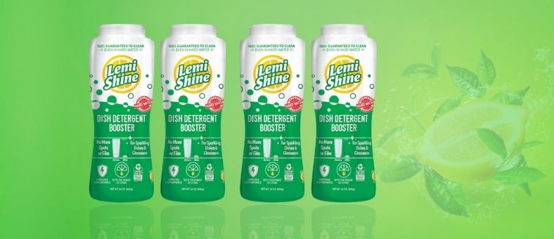 Four bottles of Lemi Shine Dish Detergent Booster with natural citric extracts, designed to remove hard water spots and improve dishwasher cleaning performance.