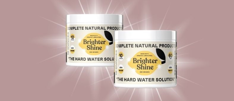 Two containers of Brighter Shine Natural Lemon Dishwasher Cleaner, a citric acid powder additive for removing hard water film and restoring glassware shine.