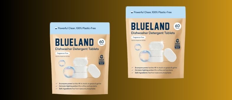 Two packs of Blueland fragrance-free, plastic-free dishwasher detergent tablets, eco-friendly and tough on baked-on stains.