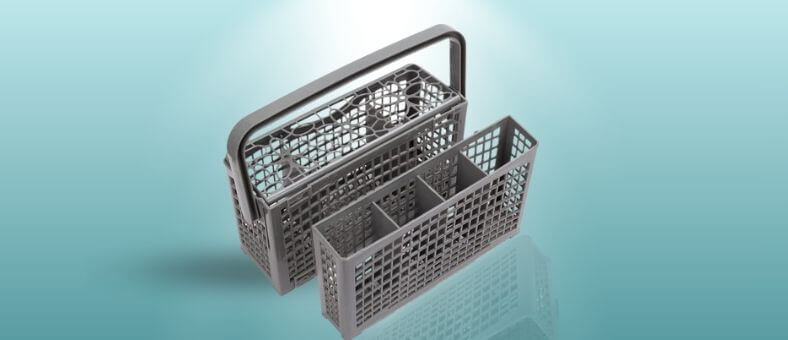 A close-up view of a Ying-ti Dishwasher Silverware Replacement Basket with a detachable section and handle, placed on a soft blue gradient background.