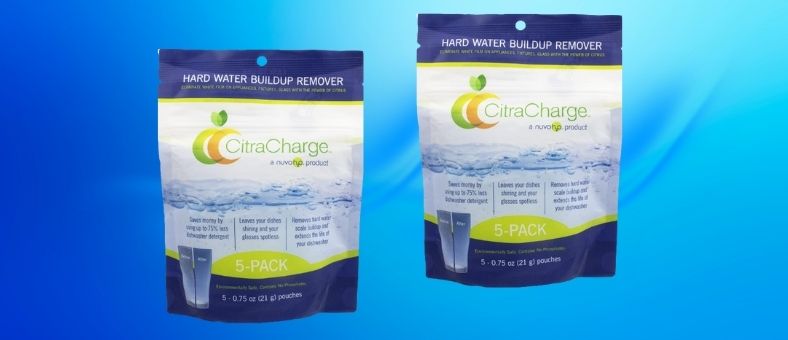 Two pouches of NuvoH2O CitraCharge Dishwasher Booster, a citrus-based hard water buildup remover for dishwashers and multipurpose cleaning.