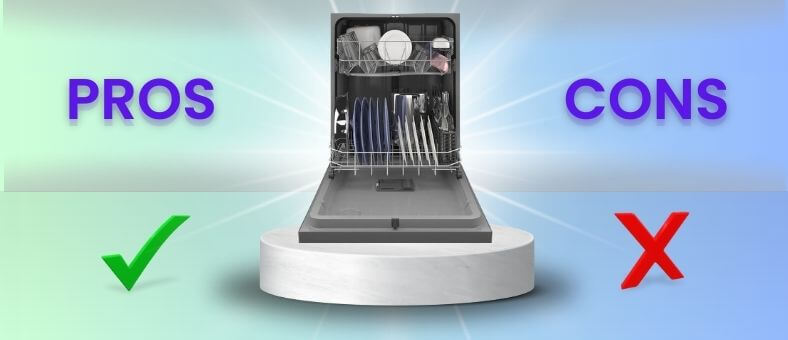 The image illustrates a dishwasher centered between two contrasting symbols: a green checkmark under the word "PROS" on the left and a red "X" under the word "CONS" on the right, representing the advantages and disadvantages of the GE ‎GDF535PSRSS dishwasher.
