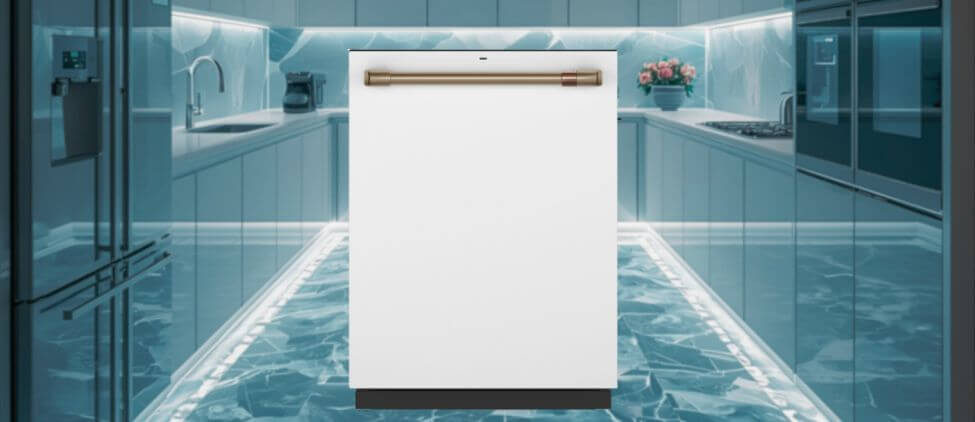 A featured image of the topic Cafe Cafe CDT845P4NW2 Dishwasher Review. A Cafe CDT845P4NW2  dishwasher is showcased on a pedestal with a glowing halo at the base, flanked by ornamental plants and other things, set against a backdrop of elegant white curtains.