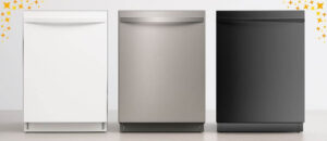 Kenmore 2214629 dishwasher review showing the model in three color options including white, stainless steel, and black with a curved handle design.