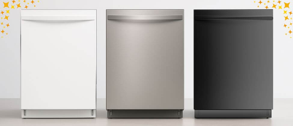 17_Kenmore-2214629-dishwasher-review Kenmore 2214629 dishwasher review showing the model in three color options including white, stainless steel, and black with a curved handle design.