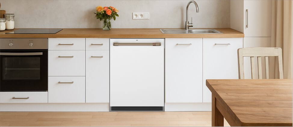 A stylish, modern kitchen showcasing streamlined cabinetry, an integrated sink, and smart appliance placement. The Cafe CDT845P4NW2 built-in dishwasher is neatly housed within the cabinets, blending effortlessly into the functional and elegant kitchen layout.