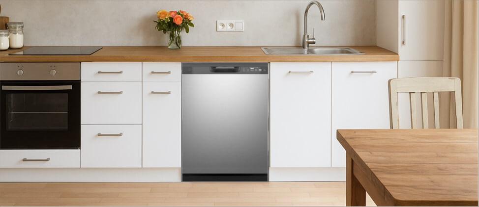 A stylish, modern kitchen showcasing streamlined cabinetry, an integrated sink, and smart appliance placement. The GE GDF535PSRSS built-in dishwasher is neatly housed within the cabinets, blending effortlessly into the functional and elegant kitchen layout.