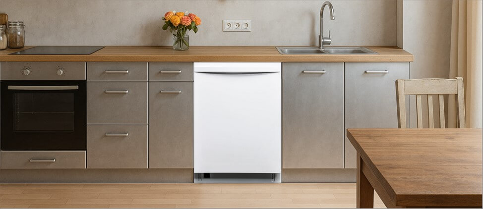 A sleek, contemporary kitchen with built-in cabinetry, integrated appliances, and a modern sink setup. The Kenmore 2214629 dishwasher is seamlessly installed within the cabinetry, demonstrating its compatibility with clean, minimalist kitchen designs.