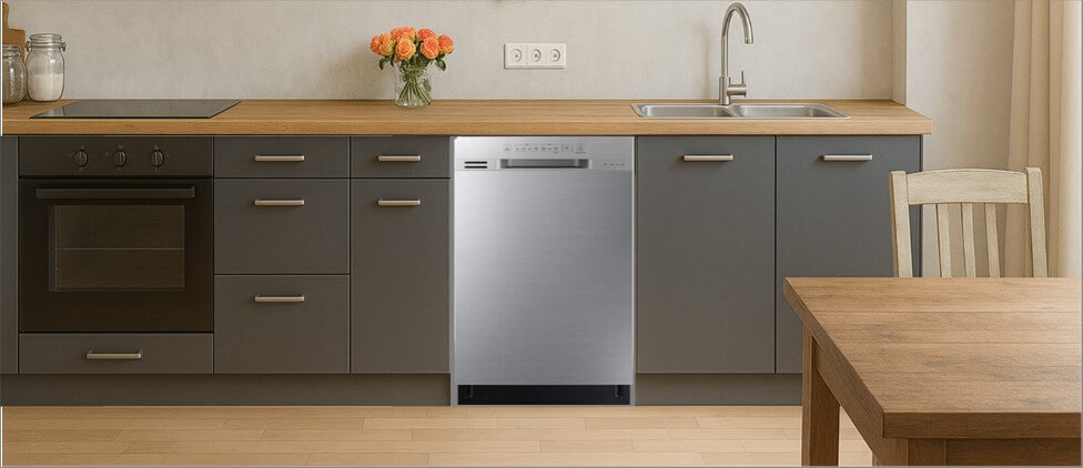 A stylish, modern kitchen showcasing streamlined cabinetry, an integrated sink, and smart appliance placement. The SAMSUNG DW80N3030US built-in dishwasher is neatly housed within the cabinets, blending effortlessly into the functional and elegant kitchen layout.