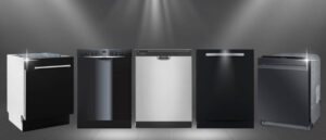 Showcase of the best 24-inch dishwashers, featuring various models in black and silver, highlighted under focused lighting on a dark floor, perfect for stress-free cleaning.