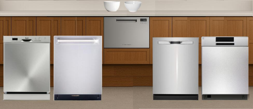 Best-24-inch-Dishwashers Modern kitchen showcasing the Best 24-inch Dishwashers, featuring four freestanding stainless steel models and one built-in drawer dishwasher installed in the center cabinet, highlighting premium design, sleek finishes, and efficient performance.
