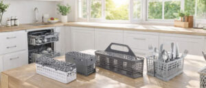 Best dishwasher replacement baskets shown in a modern sunlit kitchen with a built-in dishwasher and clean countertop setup