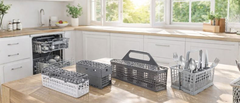 Best dishwasher replacement baskets shown in a modern sunlit kitchen with a built-in dishwasher and clean countertop setup