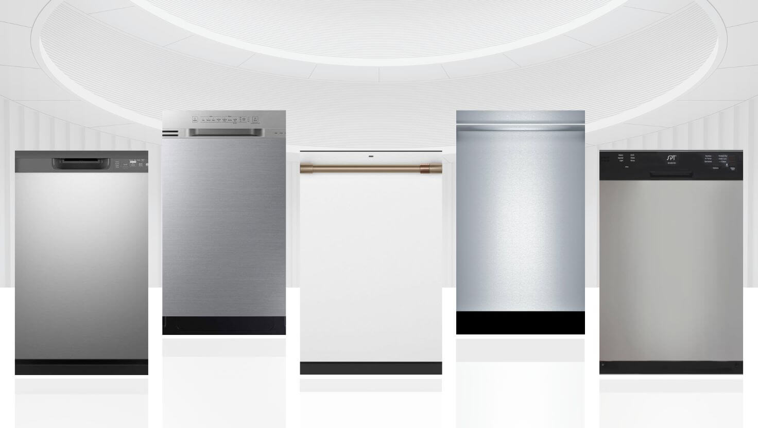 Five best built-in dishwashers for every kitchen, featuring models from left to right: SAMSUNG DW80N3030US/AA, GE ‎GDF535PSRSS, CAFÉ CDT845P4NW2, SPT SD-6501SSA, and BOSCH SHX78B75UC, showcased in a modern kitchen setting with a stylish curved ceiling.