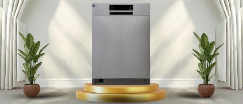 01 – RCA RZ0842 A featured image of the topic RCA RZ0842 Dishwasher Review. A RCA RZ0842 dishwasher is showcased on a pedestal with a glowing halo at the base, flanked by ornamental plants and other things, set against a backdrop of elegant white curtains.