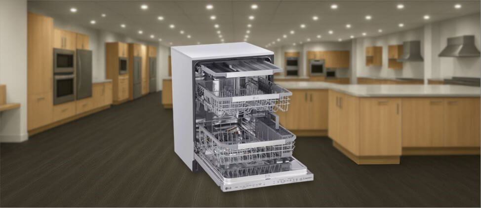 A featured image of the topic LG LDP6810SS Dishwasher Review. A LG LDP6810SS dishwasher is showcased on a pedestal with a glowing halo at the base, flanked by ornamental plants and other things, set against a backdrop of elegant white curtains.