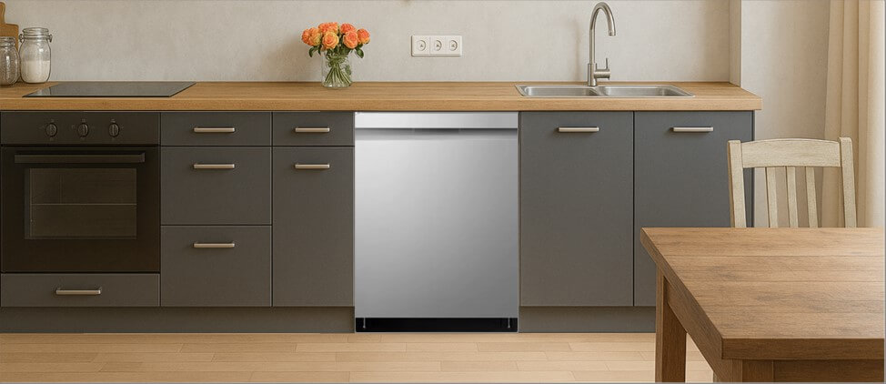 A sleek, contemporary kitchen with built-in cabinetry, integrated appliances, and a modern sink setup. The LG LDP6810SS dishwasher is seamlessly installed within the cabinetry, demonstrating its compatibility with clean, minimalist kitchen designs.