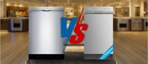 Bosch SHSM63W55N vs Midea MDF18A1AST dishwashers side by side in a showroom setting with a "VS" graphic between them.