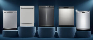 A stylish lineup of the Best Built-In Dishwashers for Every Kitchen is displayed on podiums with soft lighting and a modern blue background. The image showcases five premium models in sleek stainless steel, white, black, and silver finishes, representing a mix of budget-friendly and luxury options designed to blend beautifully into any contemporary kitchen décor.