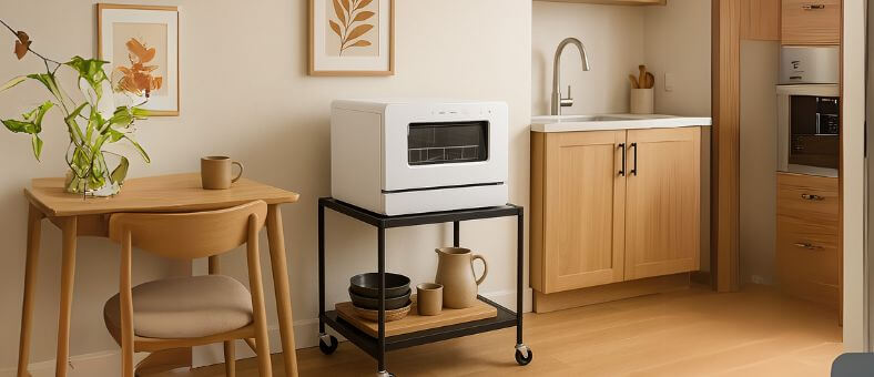 Portable countertop dishwasher placed on a black rolling cart in a compact kitchen, with extra kitchenware stored neatly below—demonstrating how small kitchens can accommodate flexible dishwasher solutions.