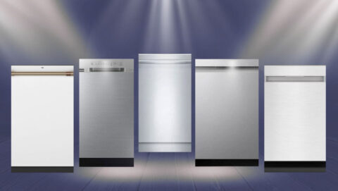 Display of Top 5 Smart Dishwashers including models LG LDP6810SS, Samsung DW80N3030US/AA, Bosch SHX89PW75N, SHARP SDW6767HS, and Café CDT845P4NW2 aligned on a modern kitchen floor, revolutionizing kitchen efficiency.