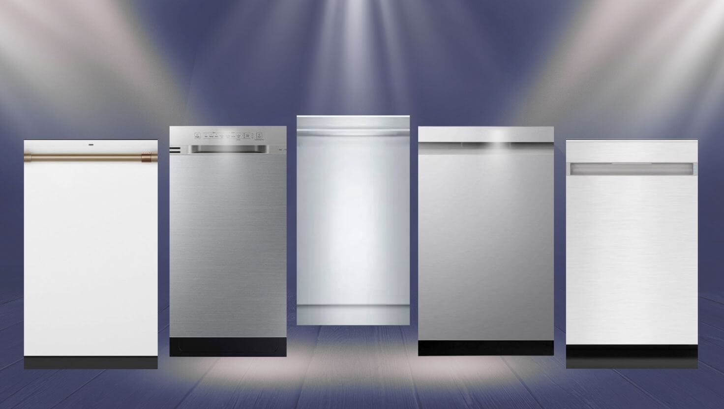 Top 5 Smart Dishwashers Display of Top 5 Smart Dishwashers including models LG LDP6810SS, Samsung DW80N3030US/AA, Bosch SHX89PW75N, SHARP SDW6767HS, and Café CDT845P4NW2 aligned on a modern kitchen floor, revolutionizing kitchen efficiency.