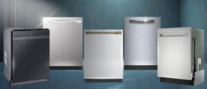 A lineup of the Top 5 Smart Dishwashers displayed in a modern studio setting, featuring sleek stainless steel and dark finishes with clean front-control panels. These built-in smart models highlight WiFi-connected convenience, advanced cleaning technology, and stylish contemporary design, perfect for homeowners who want a connected kitchen setup that looks premium and performs powerfully.