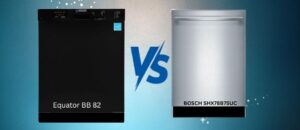 Comparison image of two built-in dishwashers, the black Equator BB 82 on the left and the silver BOSCH SHX78B75UC on the right, separated by a bold blue VS symbol on a blue gradient background.