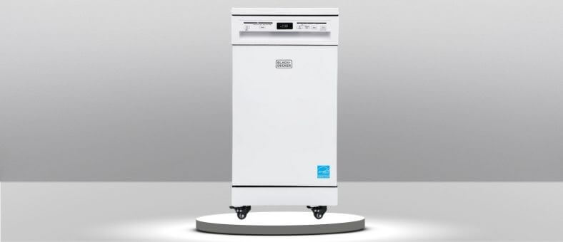 A featured image of the topic BLACK+DECKER ‎BPD8W Dishwasher Review. A BLACK+DECKER ‎BPD8W dishwasher is showcased on a pedestal with a glowing halo at the base.