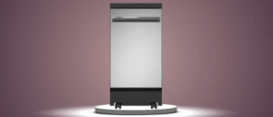 A featured image of the topic GE GPT145SSLSS Dishwasher Review. A GE GPT145SSLSS dishwasher is showcased on a pedestal with a glowing halo at the base.