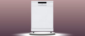 A featured image of the topic SPT SD-6513WB Dishwasher Review. A SPT SD-6513WB dishwasher is showcased on a pedestal with a glowing halo at the base.