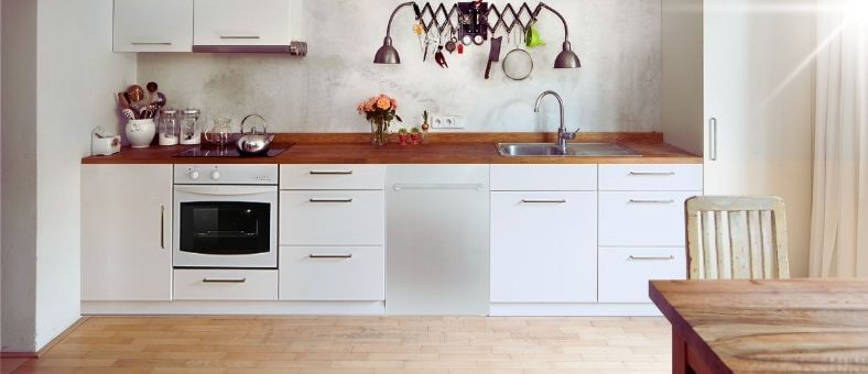 A modern kitchen with a minimalist design featuring a ZLINE ‎DW-304-H-18 dishwasher integrated into wooden cabinetry with a countertop alongside other kitchen appliances and utensils.