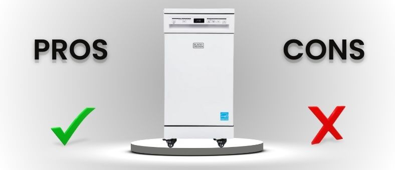 The image illustrates a dishwasher centered between two contrasting symbols: a green checkmark under the word "PROS" on the left and a red "X" under the word "CONS" on the right, representing the advantages and disadvantages of the BLACK+DECKER ‎BPD8W dishwasher.