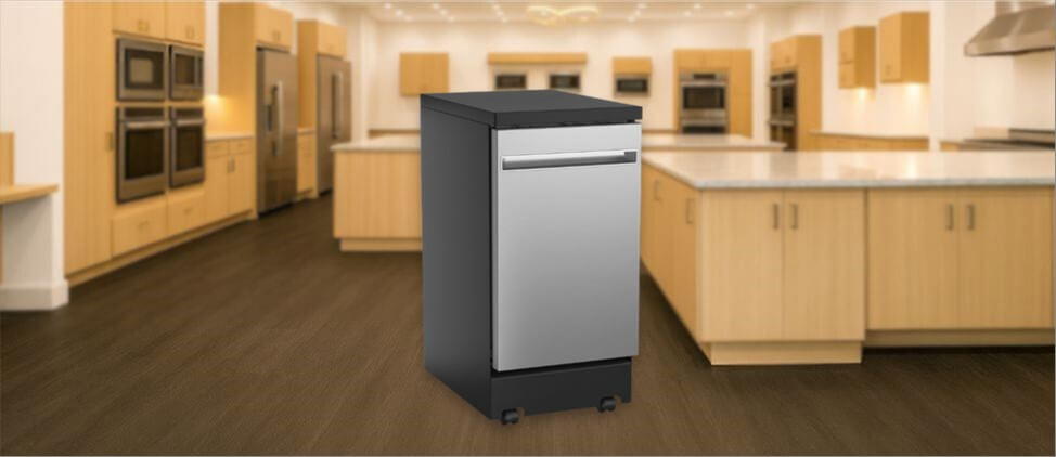 A featured image of the topic GE GPT145SSLSS Dishwasher Review. A GE GPT145SSLSS dishwasher is showcased on a pedestal with a glowing halo at the base.