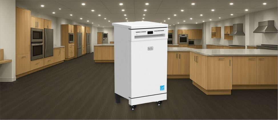 A featured image of the topic BLACK+DECKER BPD8W Dishwasher Review. A BLACK+DECKER BPD8W dishwasher is showcased on a pedestal with a glowing halo at the base.