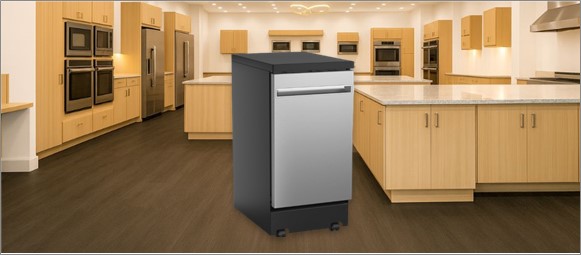 A featured image of the topic GE GPT145SSLSS Dishwasher Review. A GE GPT145SSLSS dishwasher is showcased on a pedestal with a glowing halo at the base.