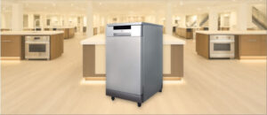 SPT SD-9263SS Dishwasher Review image showing the freestanding (portable) dishwasher is placed in a showroom, emphasizing its streamlined front panel and modern aesthetic.