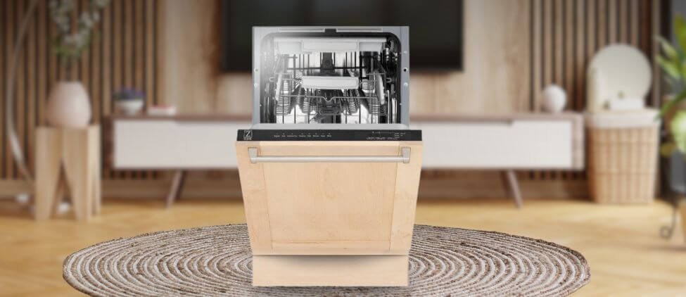 A featured image of the topic ZLINE DWVZ-304-18-MB Dishwasher Review. A ZLINE DWVZ-304-18-MB dishwasher is showcased on a pedestal with a glowing halo at the base, flanked by ornamental plants and other things, set against a backdrop of elegant white curtains.