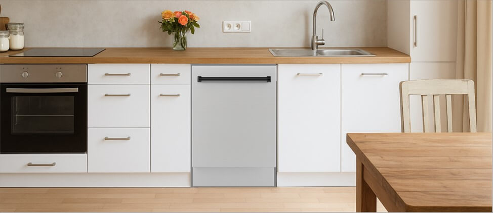 A bright, modern kitchen featuring built-in cabinetry with integrated appliances and a sink. One of the cabinets is fitted with a the ZLINE DWVZ-304-18-MB dishwasher, highlighting how well it integrates into a minimalist, functional kitchen layout.