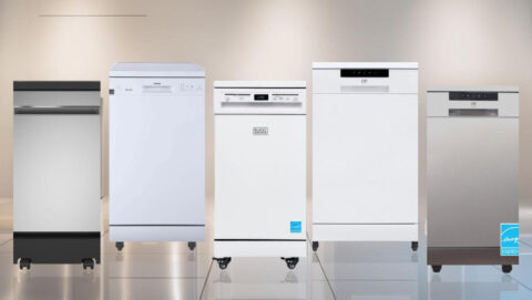 Five Best Portable Dishwashers lineup featuring models from BLACK+DECKER ‎BPD8W, GE GPT145SSLSS, Danby DDW1805EWP, SPT SD-6513WB, and SPT SD-9263SS on a sleek kitchen floor.