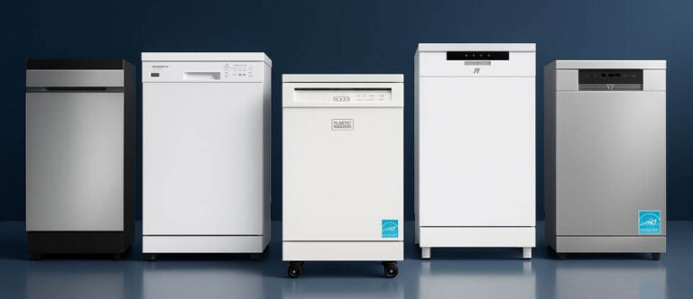 A clean, modern display showcasing the 5 Best Portable Dishwashers in various finishes including white and stainless steel. Each freestanding dishwasher stands on a sleek reflective surface with a dark blue background, highlighting their compact, energy-efficient, and space-saving designs ideal for small kitchens and apartments.