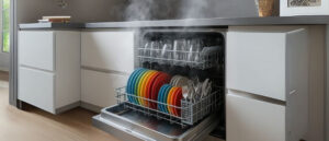 Modern dishwasher mid-cycle with door open and steam rising, showcasing colorful dishes and glasses inside, representing the benefits of Daily Dishwasher Use