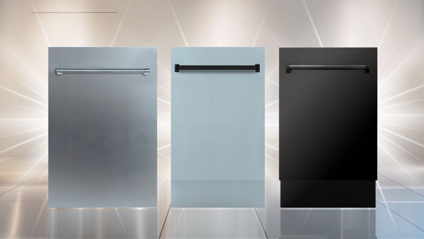 Three stylish ZLINE 18 inch built-in dishwashers in stainless steel, blue, and black, showcasing the 3 Best ZLINE 18 inch Built-In Dishwashers