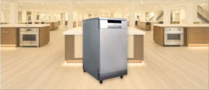 Feature image of SPT SD-9263SSB Dishwasher Review: The image shows the freestanding (portable) dishwasher is placed in an appliance showroom displaying the dishwasher’s refined and modern look, with a streamlined front panel and stylish build that complements today’s kitchens.